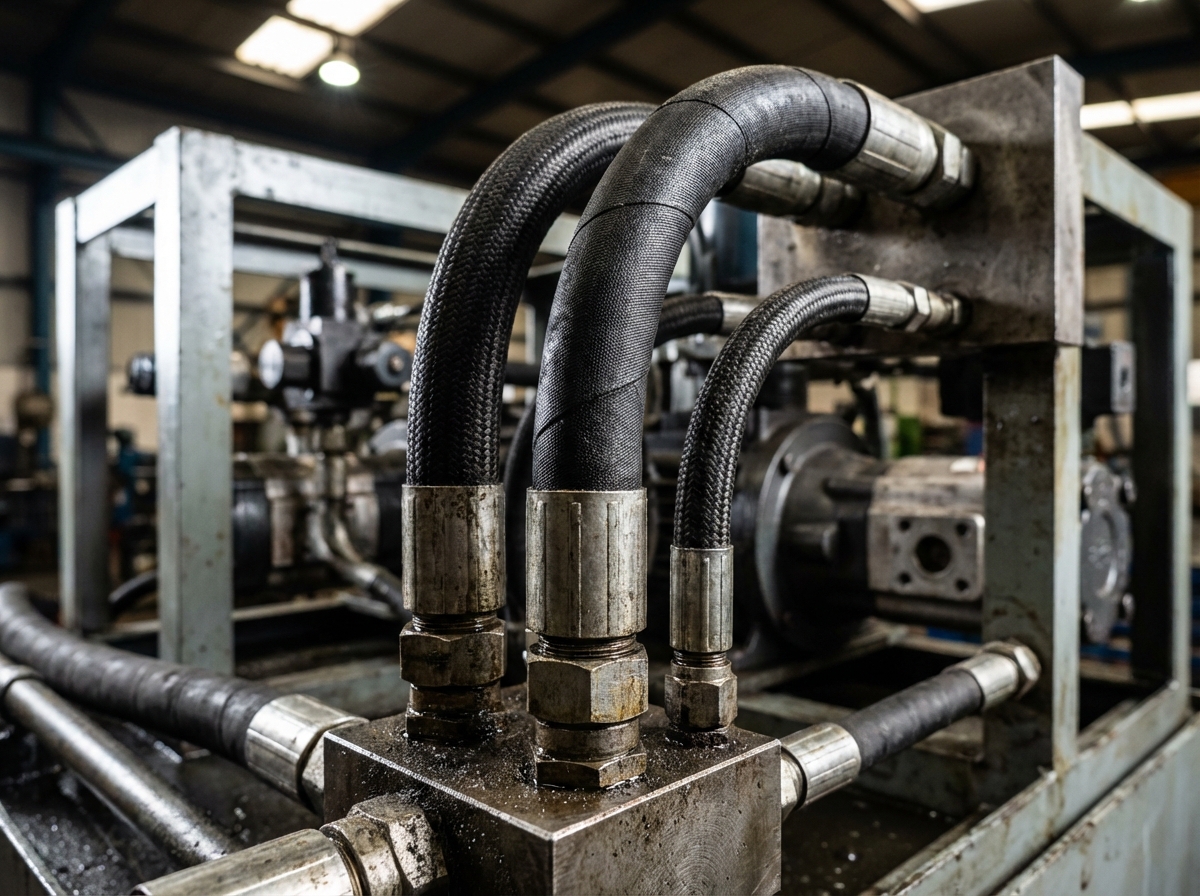 Крупный план различных типов гидравлических линий (рабочая, дренажная) на маслостанции