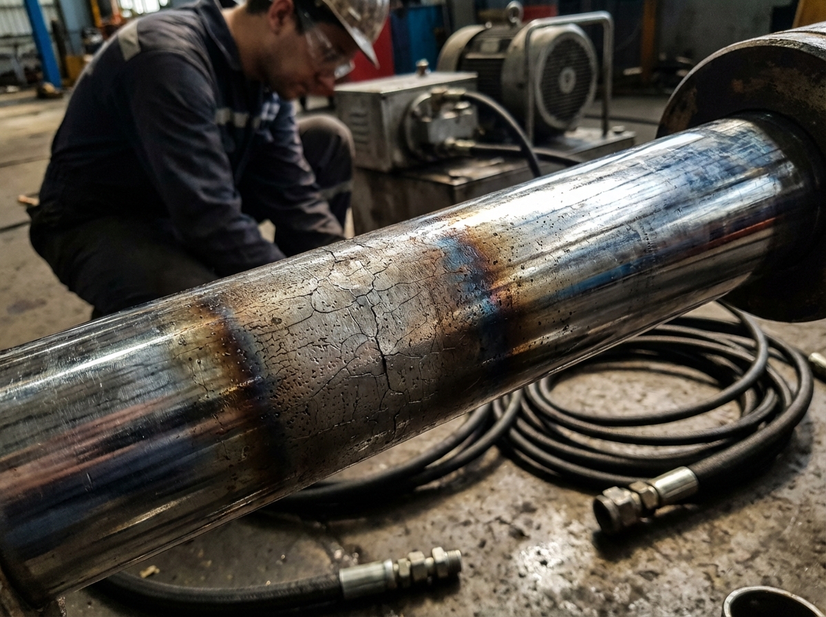Крупный план штока гидроцилиндра с микротрещинами, указывающими на износ от перегрева масла