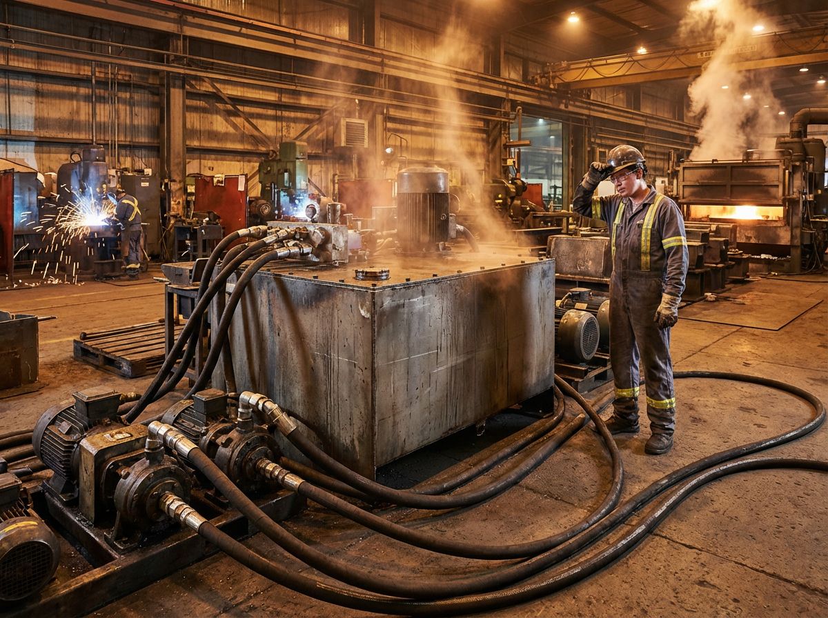 Большая гидравлическая маслостанция в жарком цеху, рабочий вытирает пот, виден тепловой шлейф от бака