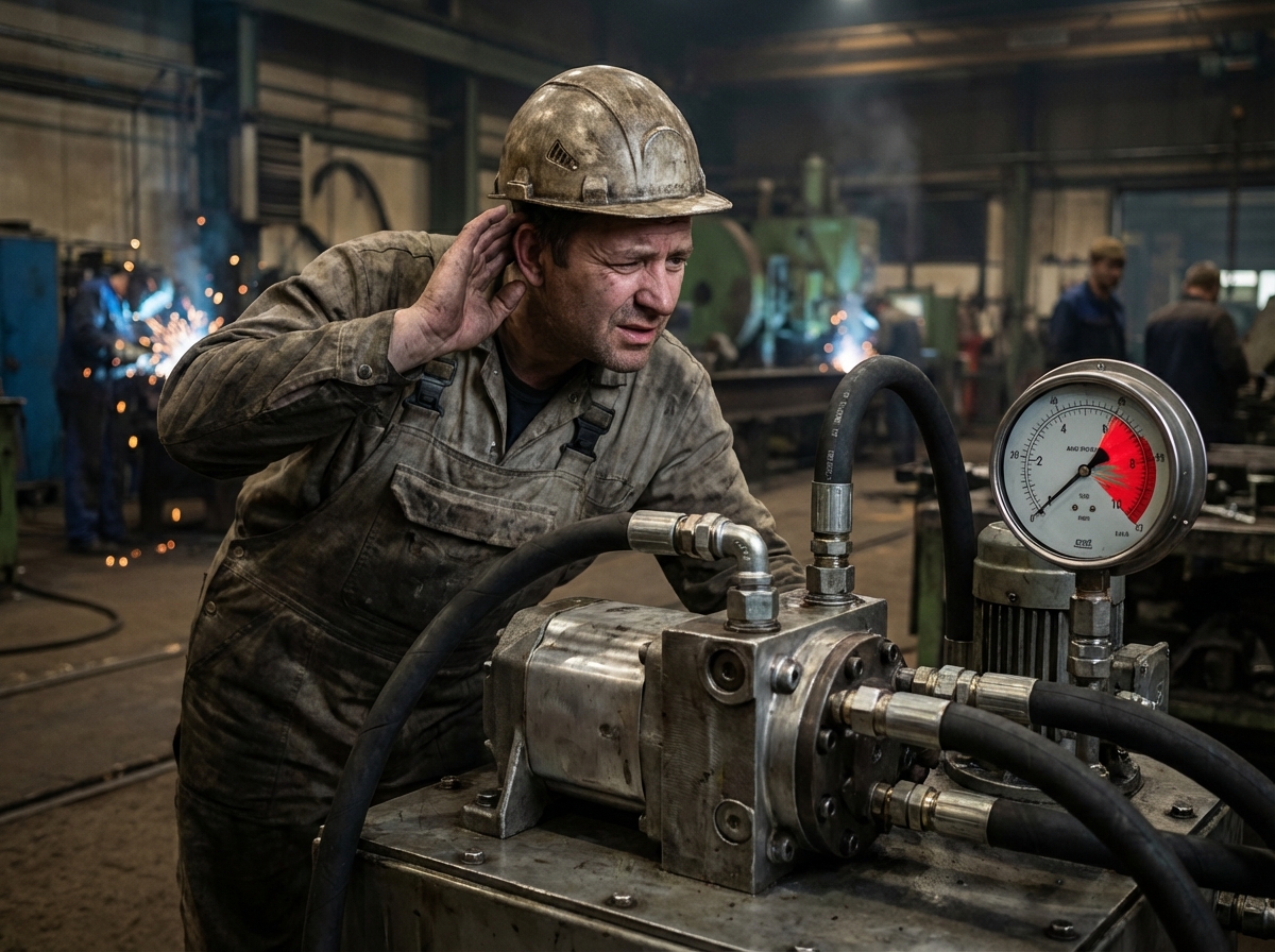 Почему шумит гидравлический насос: 6 причин и методы диагностики 1 - Производство гидравлического оборудования Рабочий слушает шум гидравлического насоса на маслостанции