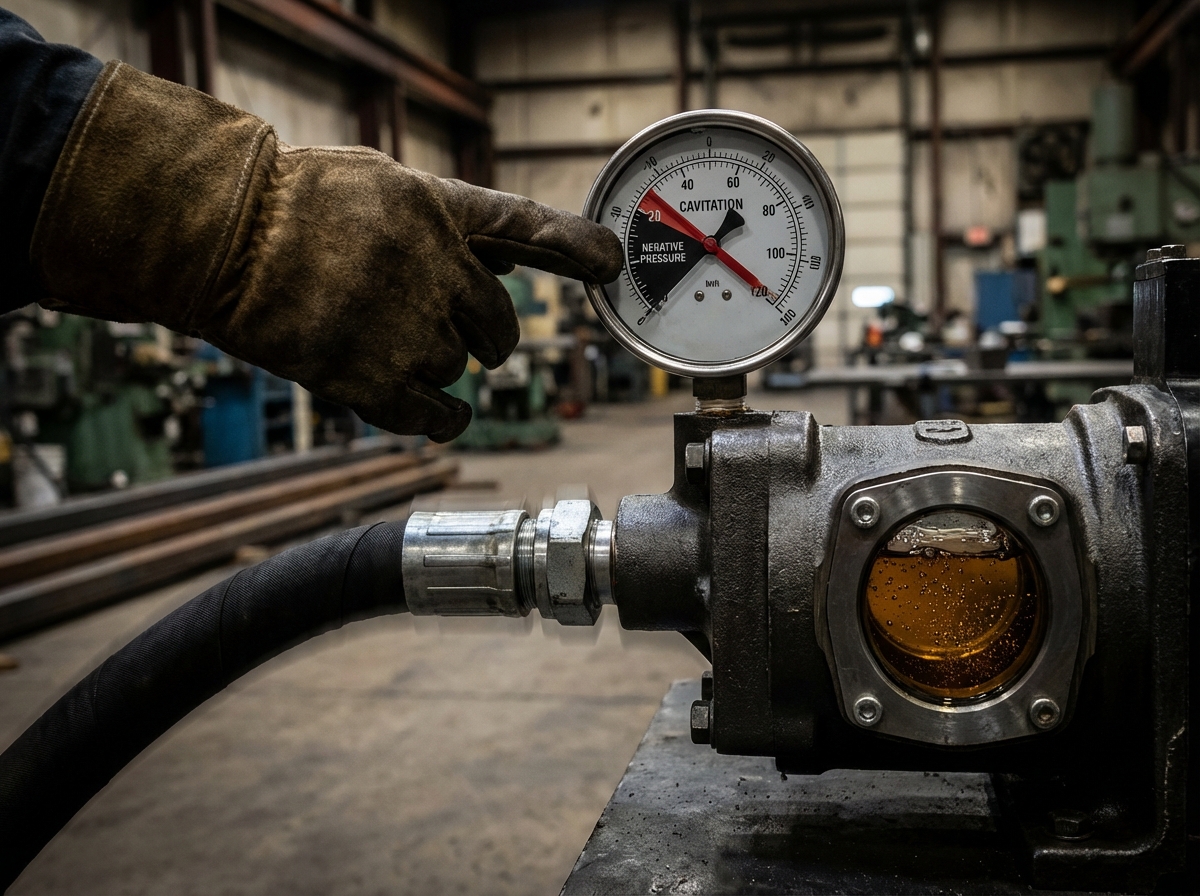 Почему шумит гидравлический насос: 6 причин и методы диагностики 2 - Производство гидравлического оборудования Вакуумметр на всасывающей магистрали гидравлического насоса, показывающий кавитацию