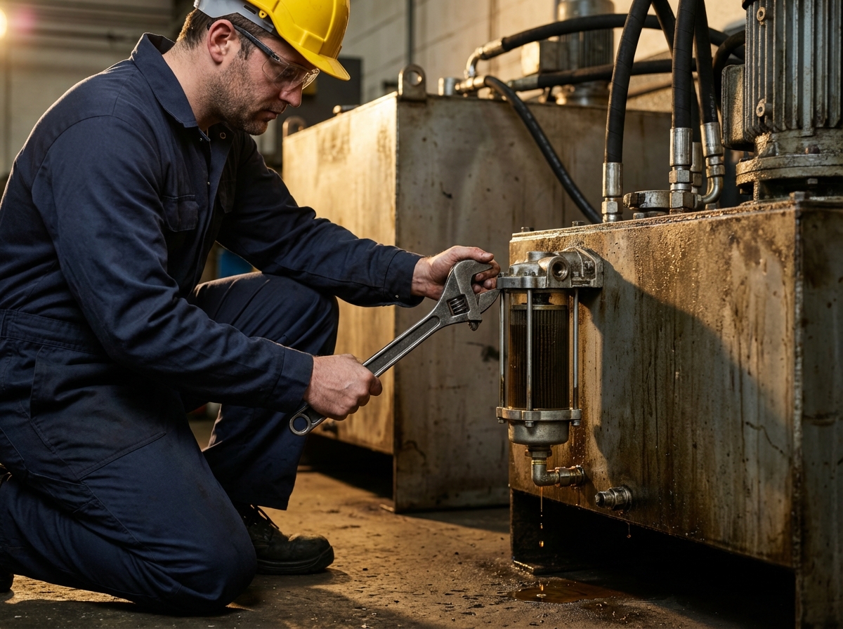 Почему шумит гидравлический насос: 6 причин и методы диагностики 3 - Производство гидравлического оборудования Рабочий осматривает засорённый всасывающий фильтр гидравлического насоса