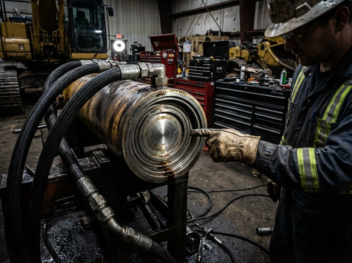 Крупный план поршня гидроцилиндра, рабочий указывает на его площадь, демонстрируя основную формулу расчета усилия.