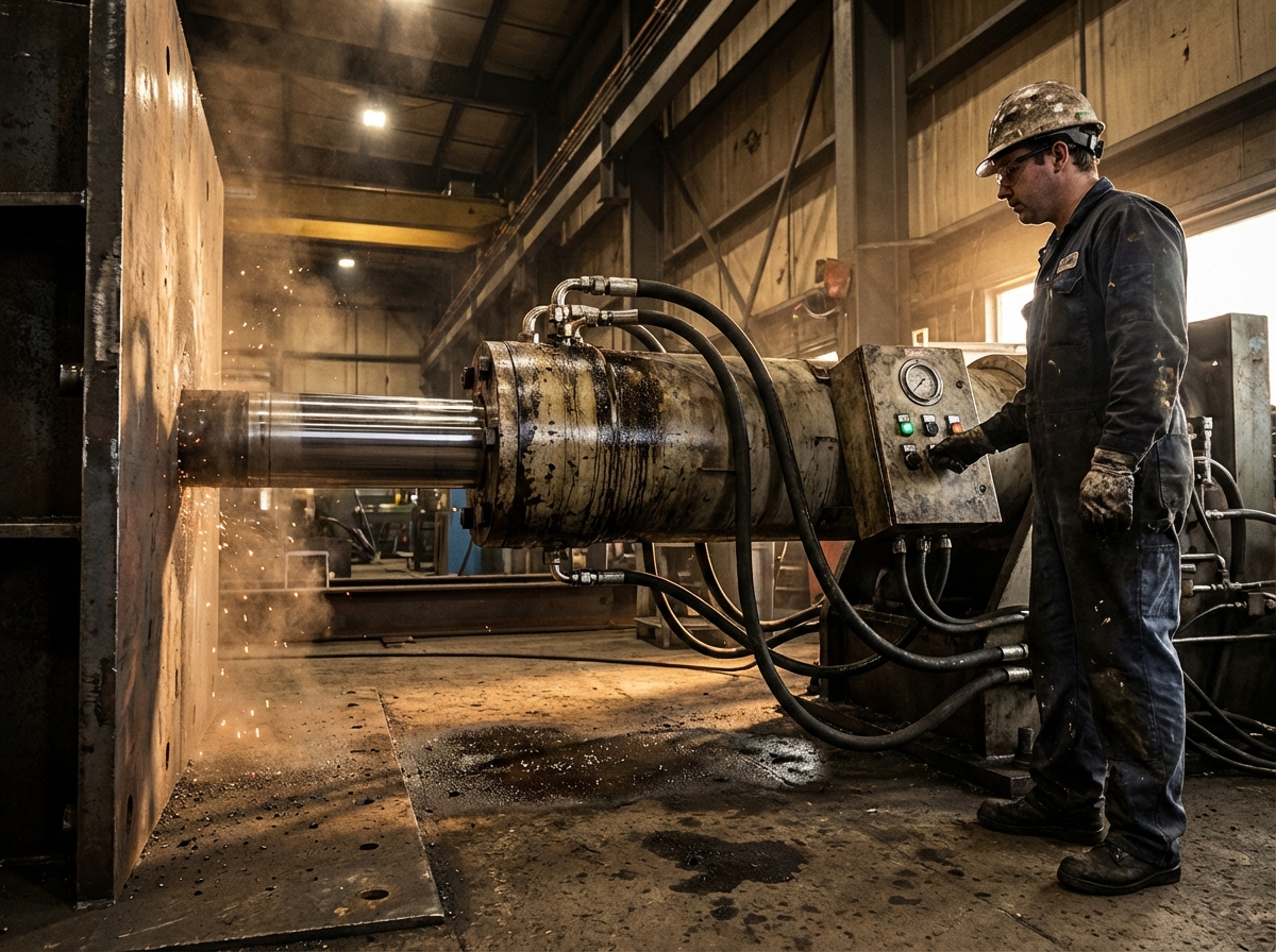 Гидроцилиндр в действии, шток выдвигается под давлением, демонстрируя усилие на выдвижение, рабочий наблюдает за процессом.