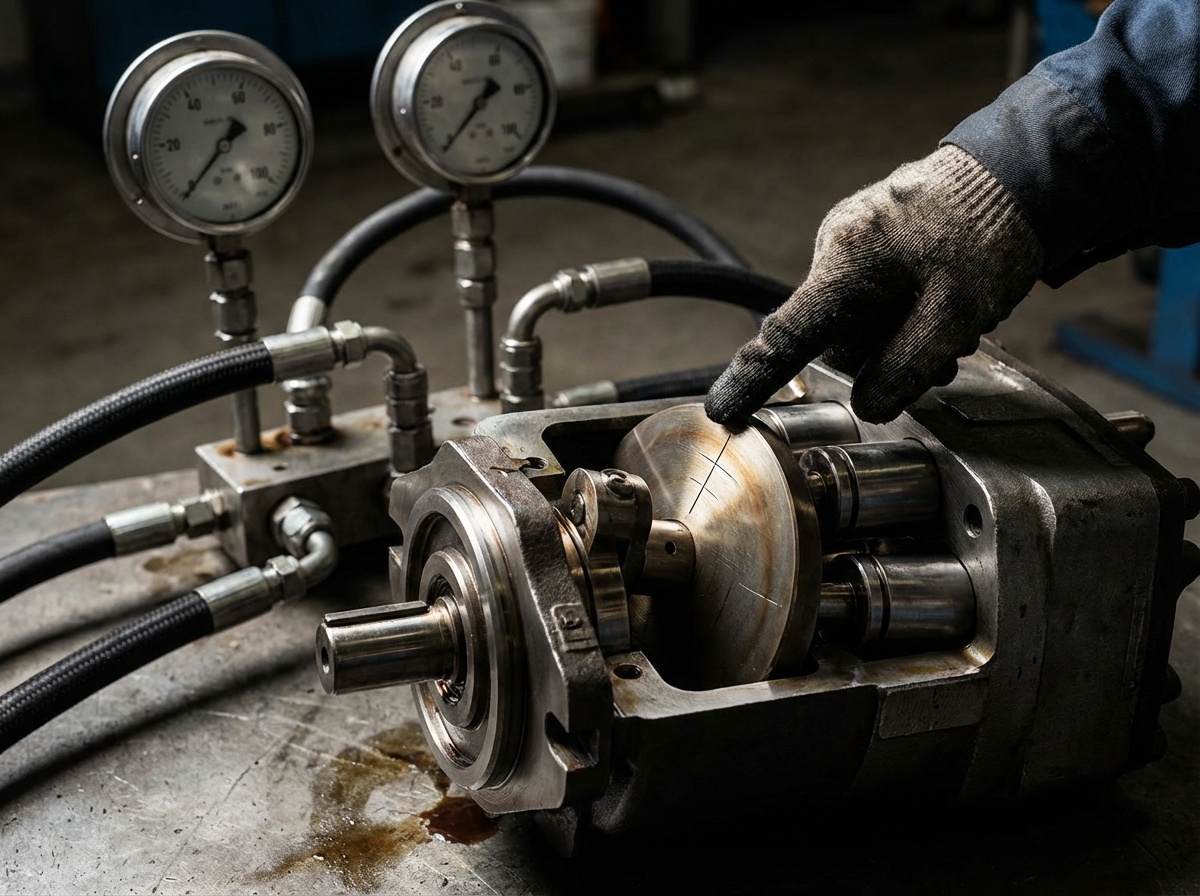 Детальный снимок внутреннего механизма аксиально-поршневого гидронасоса, показывающий наклонный диск и регулировку угла, рука техника указывает на механизм.