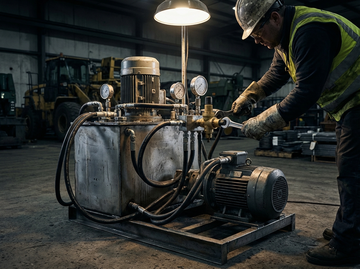 Средний план гидравлической маслостанции с акцентом на панель управления и регуляторы давления/мощности, рабочий в СИЗ производит настройку.