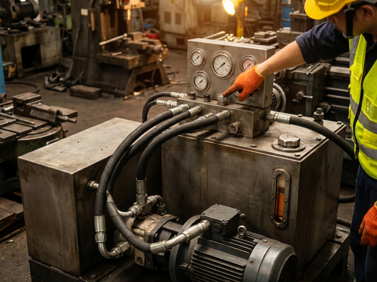 Гидравлическая маслостанция с рабочим, проверяющим манометры, иллюстрирующая важность грамотного ТЗ на гидропривод.