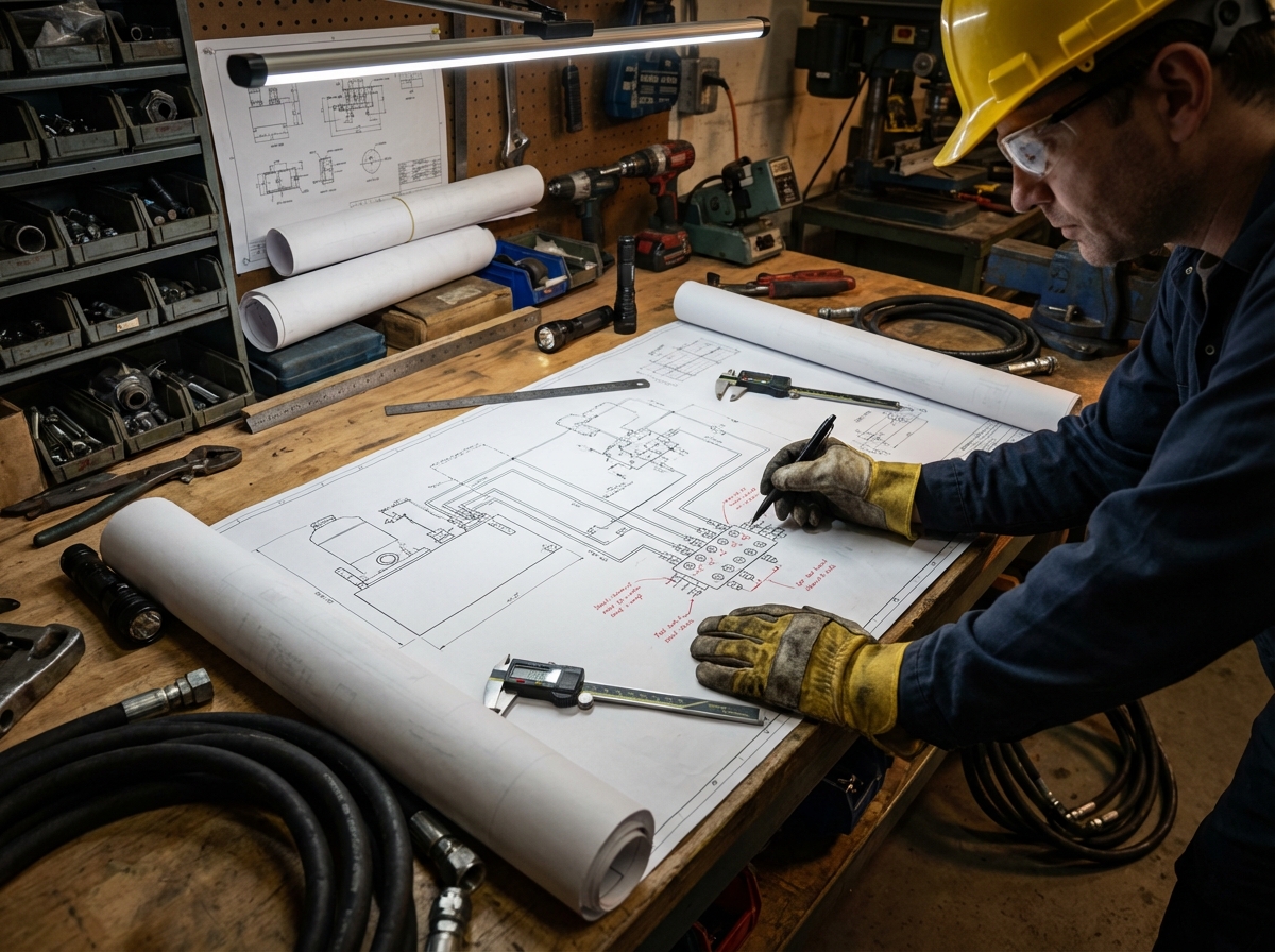 Инженер, изучающий чертеж гидравлической системы, иллюстрирующий структуру ТЗ по ЕСКД.