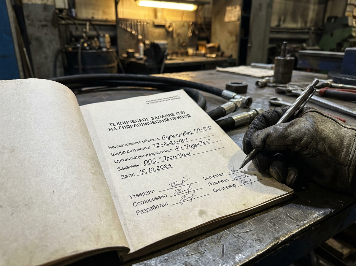 Титульный лист технического задания на гидропривод с подписями, подчеркивающий важность вводной части документа.