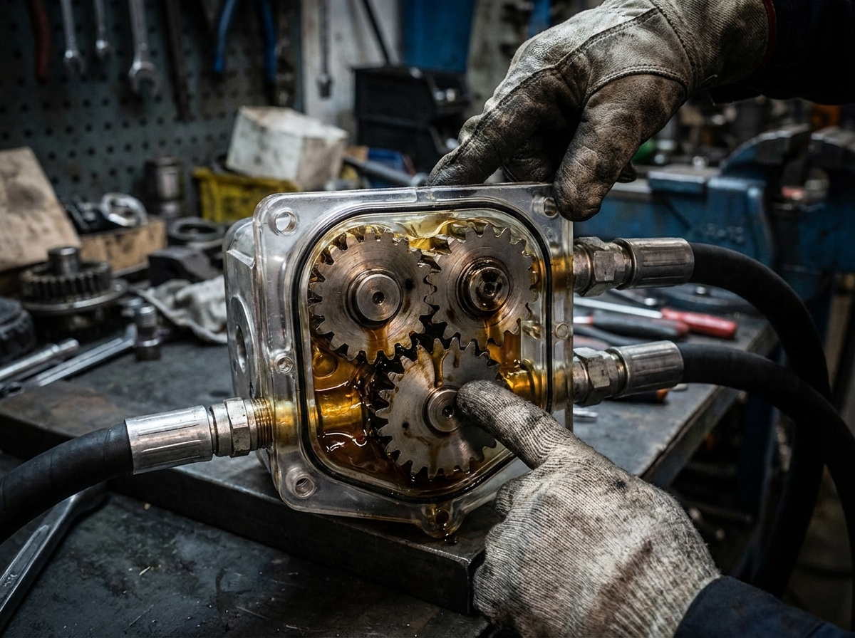 Виды гидравлических насосов: шестерённые, аксиально-поршневые, пластинчатые - что выбрать и почему 2 - Производство гидравлического оборудования Крупный план шестерёнчатого насоса, видны вращающиеся стальные шестерни, перекачивающие масло
