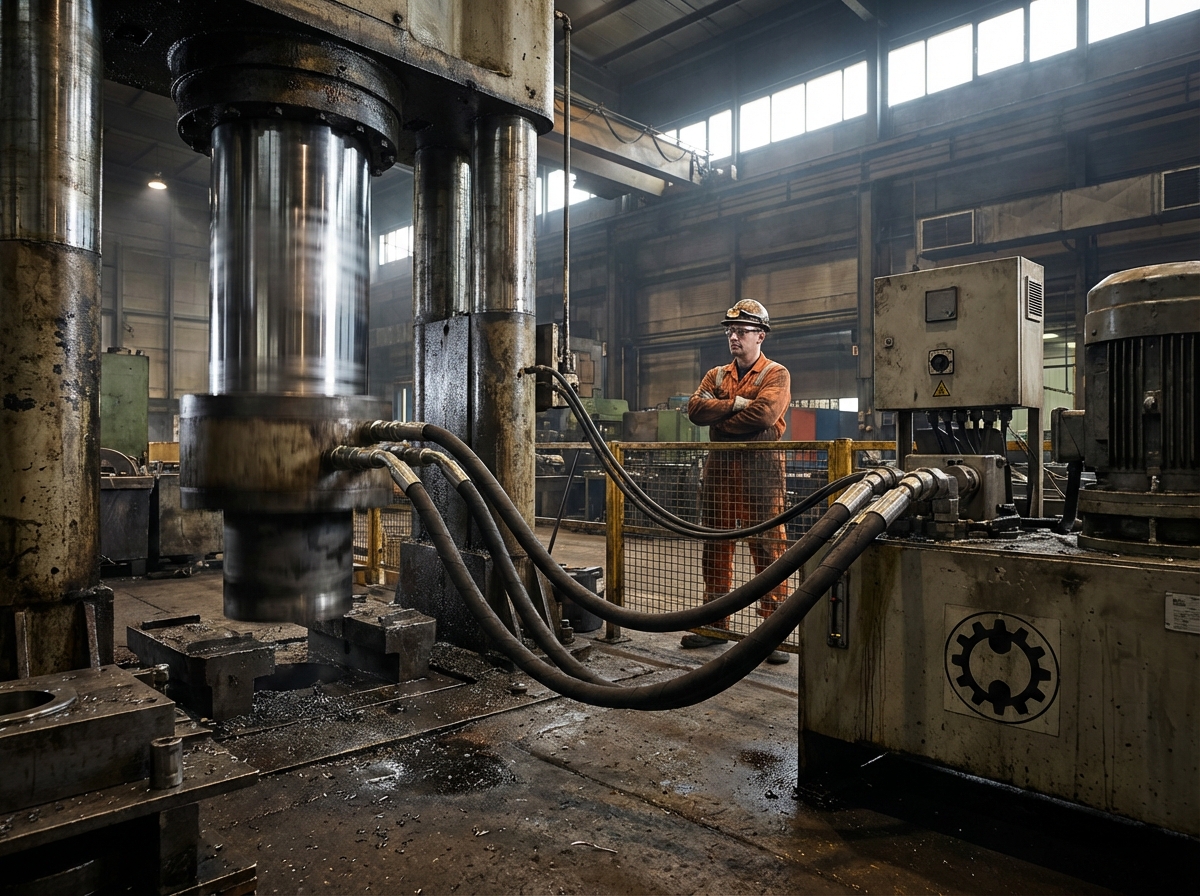 Виды гидравлических насосов: шестерённые, аксиально-поршневые, пластинчатые - что выбрать и почему 3 - Производство гидравлического оборудования Мощный гидравлический пресс в работе, крупный стальной гидроцилиндр под давлением, рабочий наблюдает