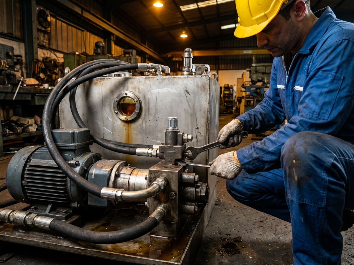 Техник настраивает пилотный предохранительный клапан на гидравлической маслостанции