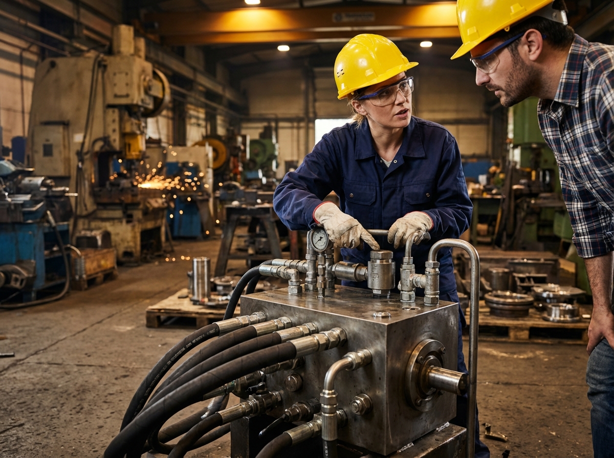 Инженеры обсуждают обратные клапаны на гидравлическом коллекторе