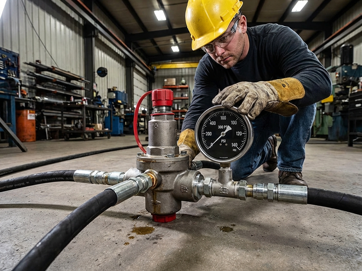 Техник контролирует работу редукционного клапана по манометру