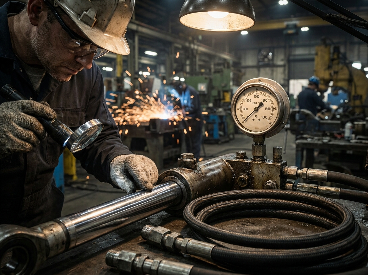 3D-модель гидроцилиндра в SolidWorks и Компас-3D: от эскиза до передачи в производство 2 - Производство гидравлического оборудования Рабочий осматривает шток гидроцилиндра, на заднем плане виден манометр