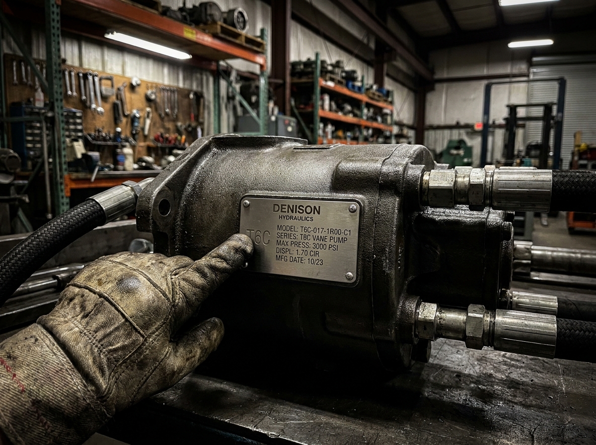 Denison Hydraulics: маркировка, аналоги и что делать когда насос встал 2 - Производство гидравлического оборудования Крупный план маркировки лопастного насоса Denison T6C с указанием серии
