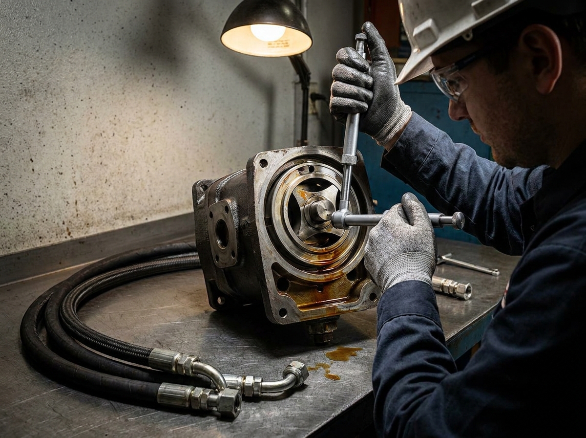 Denison Hydraulics: маркировка, аналоги и что делать когда насос встал 3 - Производство гидравлического оборудования Техник осматривает внутренние компоненты лопастного насоса Denison T6
